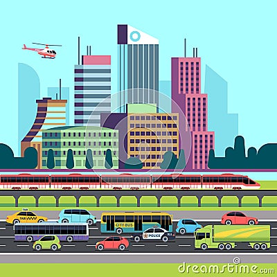 City street panorama. Street with cars and urban transport houses. Urban cityscape skyscrapers and traffic background Vector Illustration