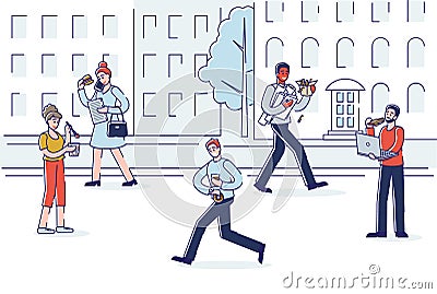 City street with people eating while walking. Busy businesspeople hurrying up and having snack on go Vector Illustration