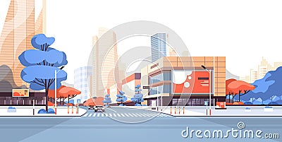 City street road skyscraper buildings view modern cityscape downtown billboard advertising horizontal flat Vector Illustration