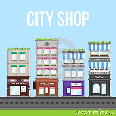 City street with shop, cafe and restaurant. Vector Illustration