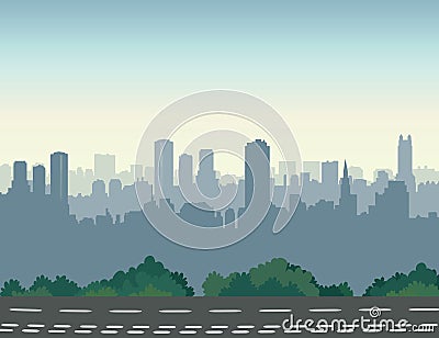 City street skyline. Urban landscape with road and skyscrapers. Stock Photo