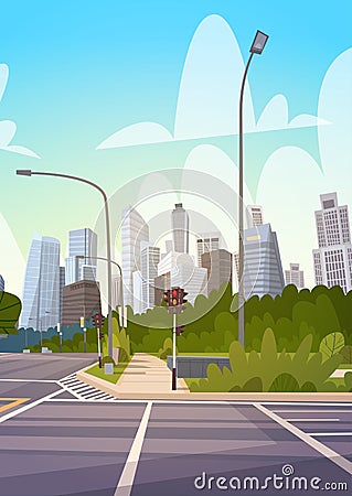 City Street Skyscraper Buildings Road View Modern Cityscape Empty Downtown Vector Illustration