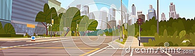 City Street Skyscraper Buildings Road View Modern Cityscape Empty Downtown Vector Illustration