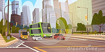 City Street Skyscraper Buildings Road View Modern Cityscape Singapore Downtown Vector Illustration