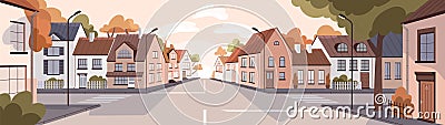 City street at sunset in summer. Town panorama with road, sidewalk, houses in urban residential district. Empty Vector Illustration