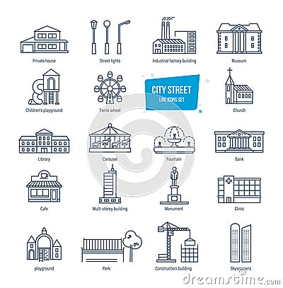 City street line icons set. City landscapes. Buildings, transport, architecture. Vector Illustration