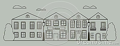 A city street with two-story houses and a bookstore. Vector illustration. Green background Stock Photo