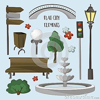 City street urban elements icon set Vector Illustration