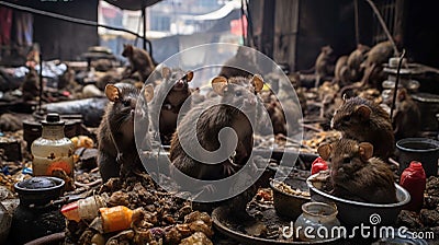city streets, lots of rats eating leftover food, piles of rubbish, small and large rats , Generate AI Stock Photo