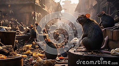 city streets, lots of rats eating leftover food, piles of rubbish, small and large rats , Generate AI Stock Photo