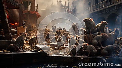 city streets, lots of rats eating leftover food, piles of rubbish, small and large rats , Generate AI Stock Photo