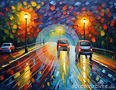 City streets on a rainy night. Street lights reflected on wet coblestones. Urban night background. Digital illustration Cartoon Illustration
