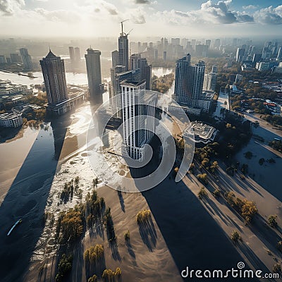 City Submersion: Aerial Panorama of Majestic Skyscrapers Amidst Flooding Stock Photo