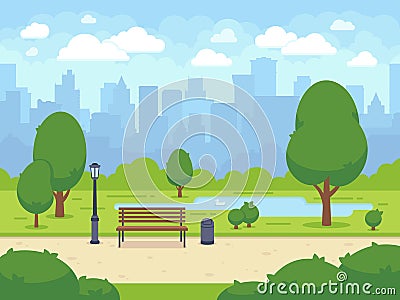 City summer park with green trees bench, walkway and lantern. Cartoon vector illustration Vector Illustration