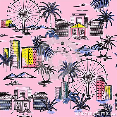 City in summer vibes seamless pattern. Vector vacytion illustration architecture, building,wheels,palm tree,mountain ,design for Cartoon Illustration