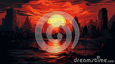 Apocalyptic Sunset City: E. Munch Style High-resolution Monochrome Painting Stock Photo
