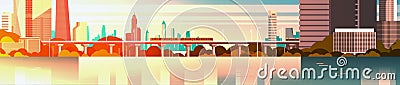 City On Sunset Urban Panorama With High Skyscrapers And Subway Cityscape Over River Background Horizontal Banner Vector Illustration