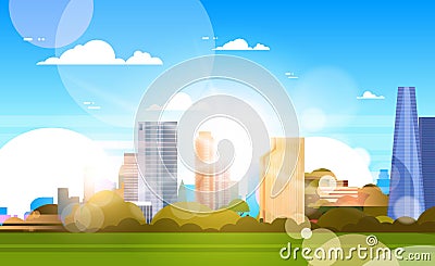 City In Sunshine Beautiful Skyline With Sunlight Over Skyscrapers Buildings Cityscape Concept Vector Illustration