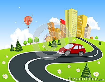 City surrounded by nature landscape with car Vector Illustration