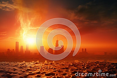 City swelters in high temperatures, symbolizing global warming's impact. Stock Photo