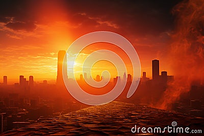 City swelters in high temperatures, symbolizing global warming's impact. Stock Photo