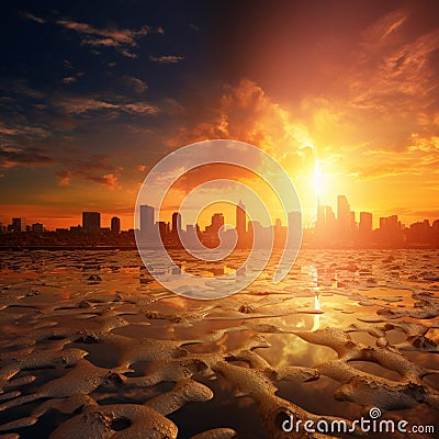 City swelters in high temperatures, symbolizing global warming's impact. Stock Photo