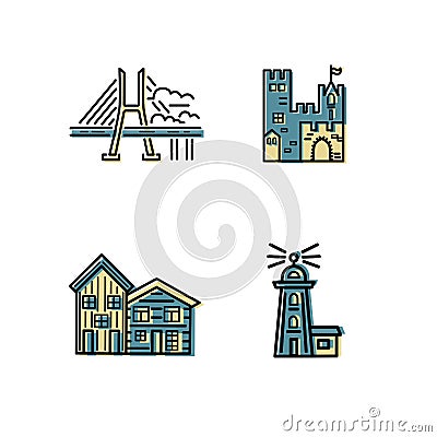 City symbols vector set with casle, lighthouse, houses and brige. Cartoon Illustration