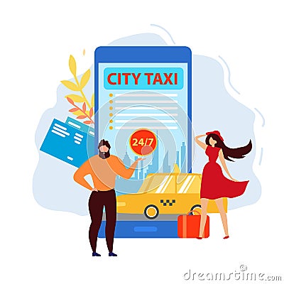 City Taxi Application, Ordering Car Using Phone Vector Illustration