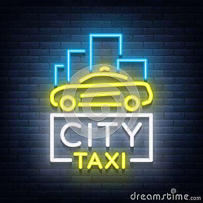 City taxi neon logos concept template. Luminous signboard on the theme of transportation of passengers. Neon signs Vector Illustration
