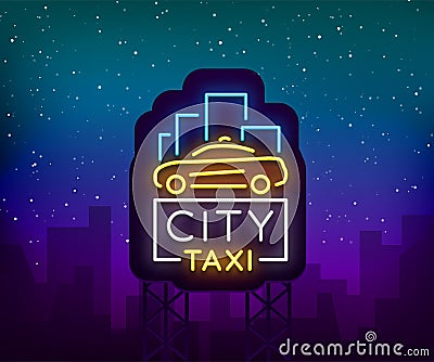 City taxi neon logos concept template. Luminous signboard on the theme of transportation of passengers. Neon signs Vector Illustration