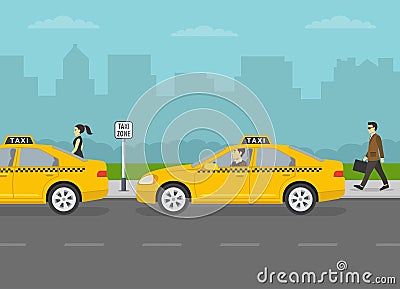 City taxi service parking area. Side view of parallel parked yellow cabs. Vector Illustration