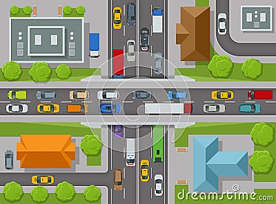 City top view. Cars, roads, houses, streets top view. View town infrastructure. Streets, houses, buildings, roads Vector Illustration