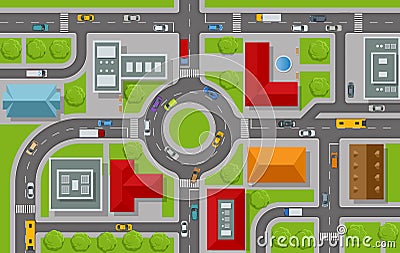 City top view. Cars, roads, houses, streets top view. View town infrastructure. Streets, houses, buildings, roads Vector Illustration