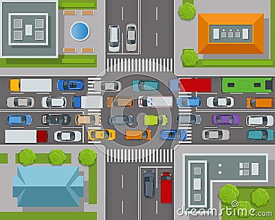 City top view. Cars, roads, houses, streets top view. View town infrastructure. Streets, houses, buildings, roads Vector Illustration