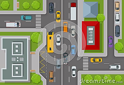 City top view. Cars, roads, houses, streets top view. View town infrastructure. Streets, houses, buildings, roads Vector Illustration
