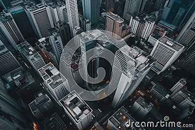 City Top View of Skyscrapers Building by drone . Aerial view cityscape flying above development buildings, energy power Stock Photo