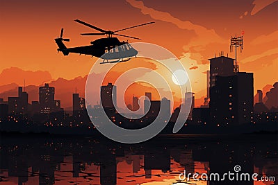 City tower and utility chopper in striking orange silhouette contrast Stock Photo