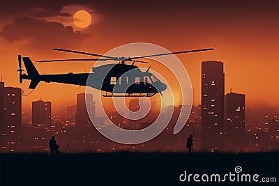 City tower and utility chopper in striking orange silhouette contrast Stock Photo