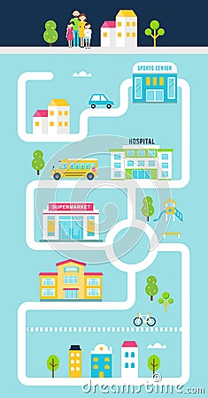 City or Town Facilities Infographics Road Map Style Template Vector Illustration