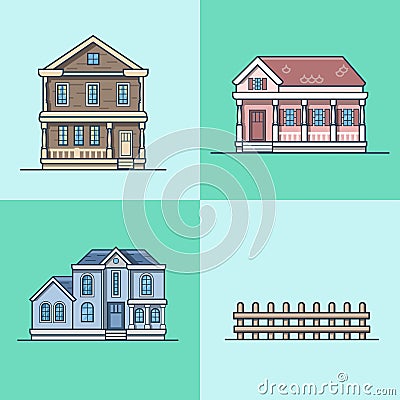 City town house architecture object building set. Vector Illustration