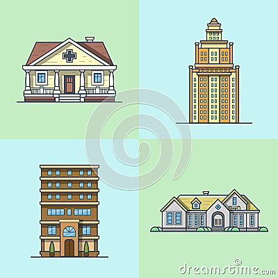 City town house architecture public building set. Vector Illustration