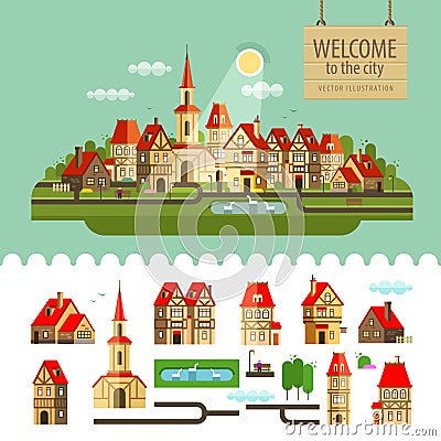 City, town. set of elements - home, church, lake Vector Illustration