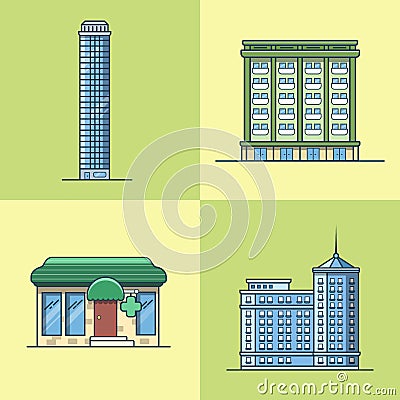 City town skyscraper hotel house pharmacy drug sto Vector Illustration