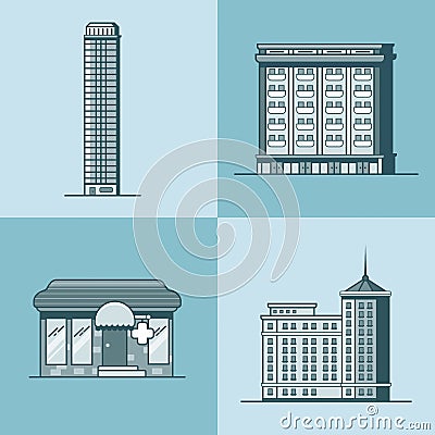 City town skyscraper hotel house pharmacy drug sto Vector Illustration