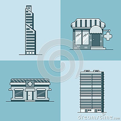 City town skyscraper house hospital pharmacy drug Vector Illustration