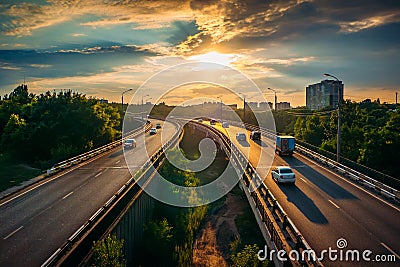 City traffic on asphalt road or highway route at sunset time, lot of cars drive with fast speed, urban transportation cityscape Stock Photo