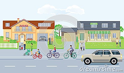 City with traffic and pedestrians on the sidewalk Vector Illustration