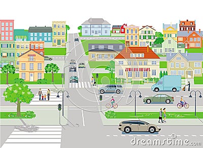 City with traffic and pedestrians on the sidewalk Vector Illustration