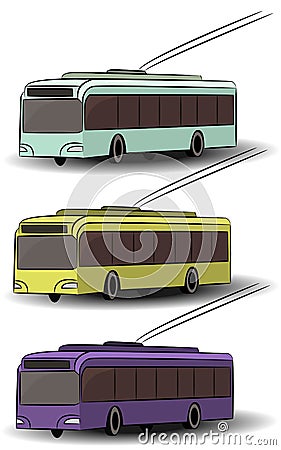 City transport icons. Side view bus, tram, trolleybus. Vector passenger vehicle. Urban electrical machines. Street Vector Illustration