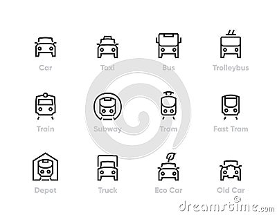 City Transport line vector icons. Car, Bus, Trolleybus, Subway, Tram and Eco Car. Editable outline set Vector Illustration